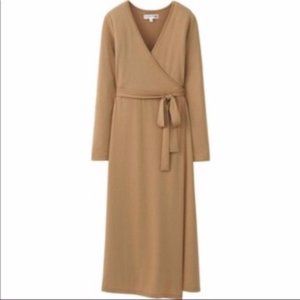 Uniqlo Tan Babydoll Maxi Dress V-neck Short Sleeve Casual